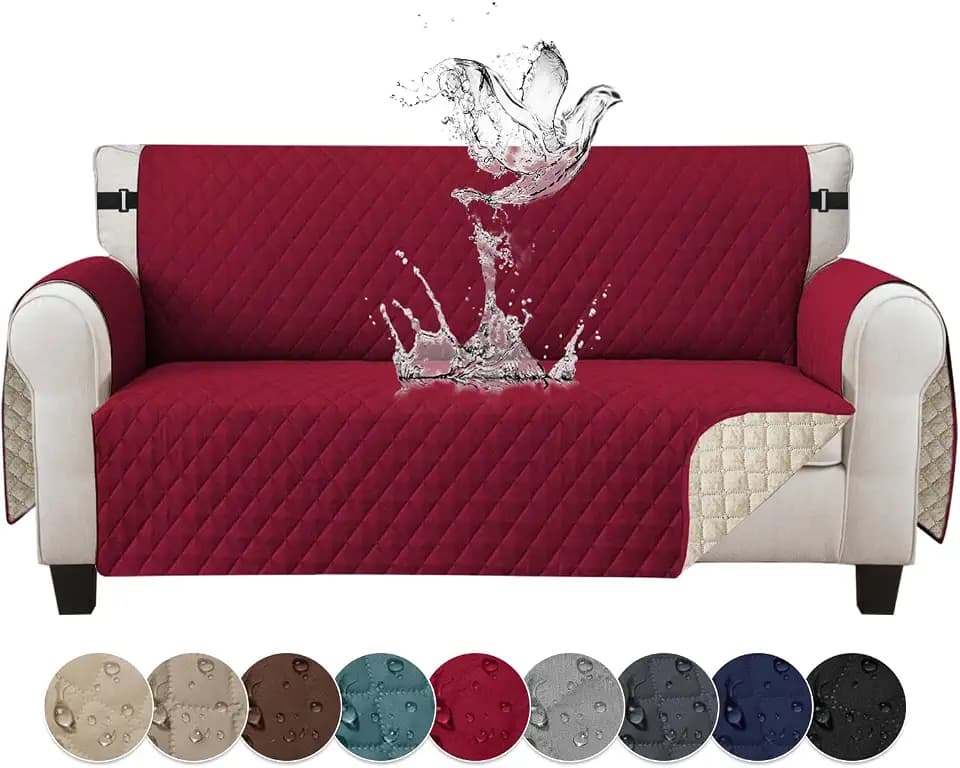 Jaotto Sofabezug 3 Sitzer wasserdichte Sofa Überzug mit Armlehnen Antirutsch Sofaschoner Sofaüberwurf Reversible Gesteppte Couch überzug für Haustiere Katzen Hunde,Weinrot