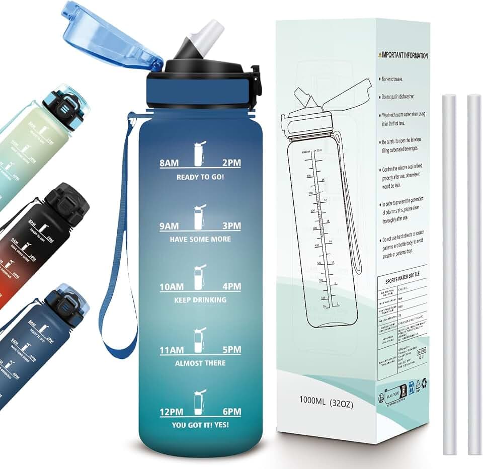 Grsta Wasserflasche 1l, Trinkflasche Sport, mit Strohhalm, für Job, Uni