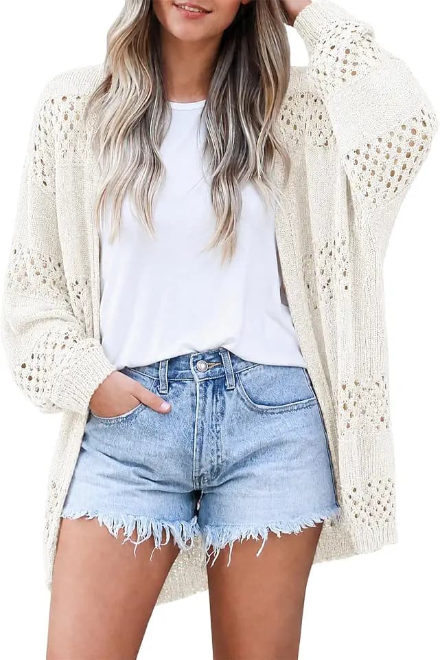 Womens Summer Crochet Lightweight Cardigan Coverups Boho Kimono Long Sleeve Open Front Knitted Outwear Cover Up Outfits