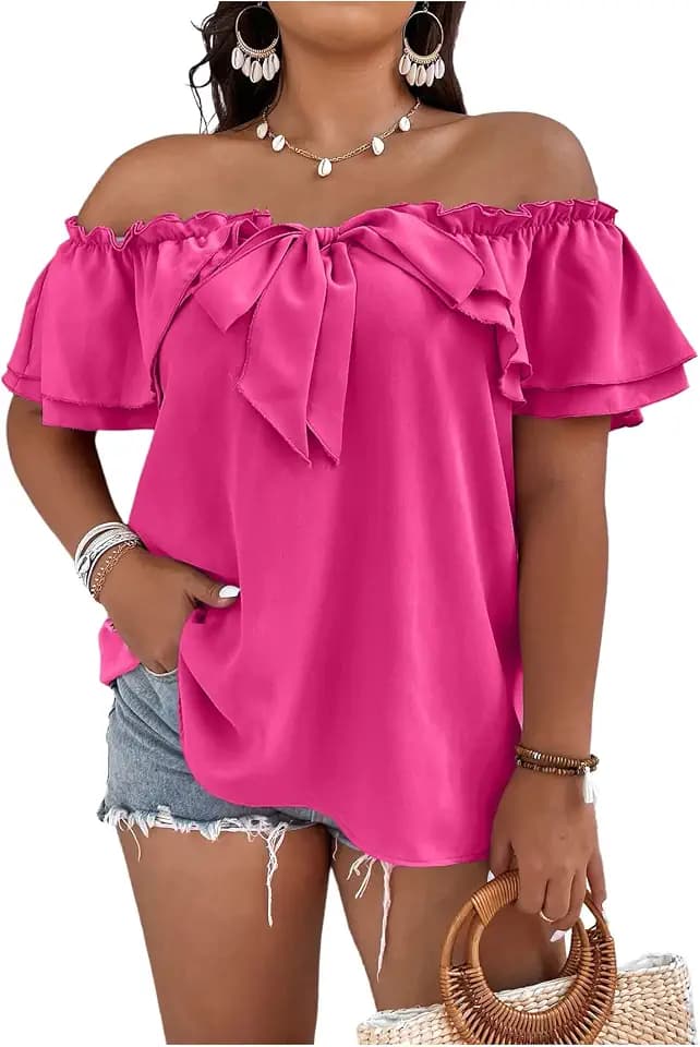 MakeMeChic Women's Plus Size Off Shoulder Top Ruffle Short Sleeve Blouse