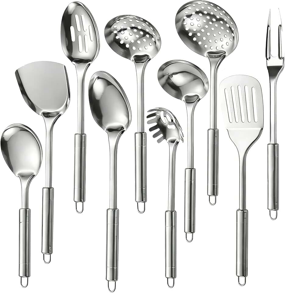 Edelstahl Kochutensilien Set,10 Stück Küchenutensilien Set Kochset 10 teilig Küchengerät Edelstahl Griff Spülmaschinengeeignet Für Braten Mischen Heim(Silber)