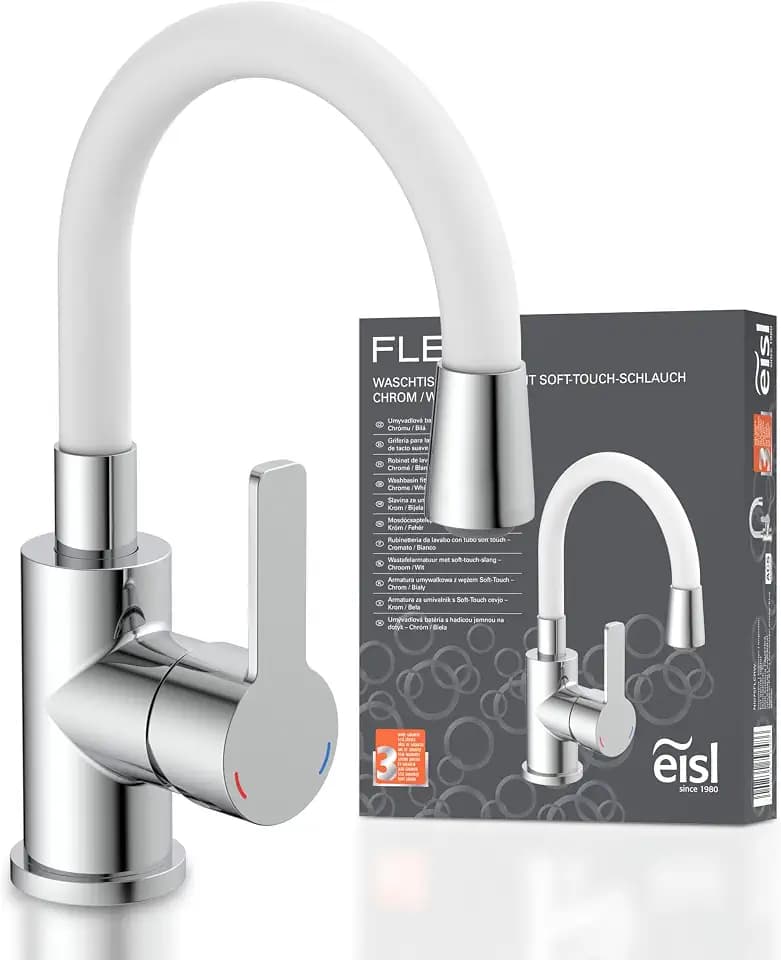 EISL Waschtischarmatur FLEXO, flexibler Auslauf weiß, Wasserhahn Bad, flexibel einstellbare Badarmatur, NI075FLCRW
