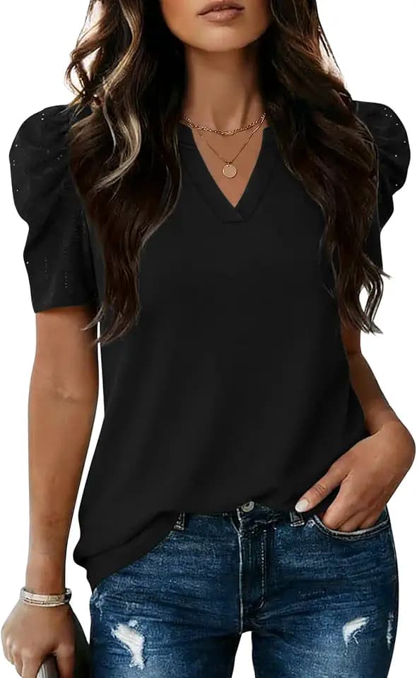 LOMON Spring Summer Tops for Women 2026 V Neck Puff Short Sleeve Tops Fashion Trendy Work Blouses Dressy Casual S-XXL