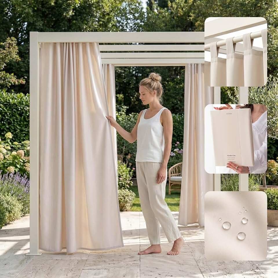 ROOM99 Outdoorvorhäng mit Schlaufen Garden Line 155 x 220 cm Breite x Höhe Outdoor Vorhang wetterfest Wasserdicht Sichtschutz Sonnenschutz Gardinen Garten Winddicht Helle Creme, 1 Stück