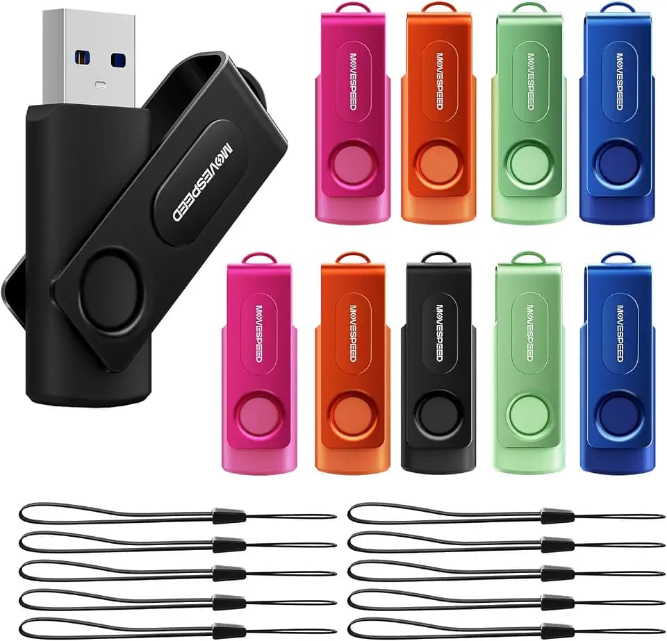 MOVE SPEED 10 Pack 8GB USB Drive, USB 2.0 Thumb Drives Memory Stick Mixed Colors with Lanyards for Data Storage