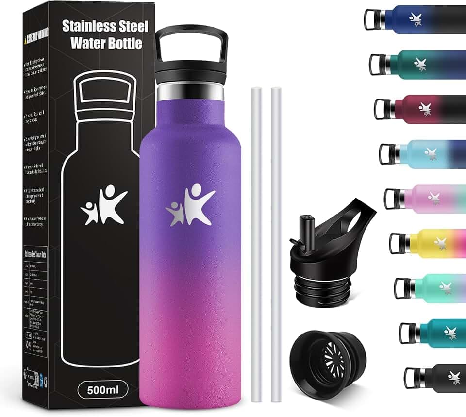 KollyKolla Trinkflasche Edelstahl Kinder 500ml, Thermoskanne BPA-Frei, Auslaufsichere Isolierflasche Doppelwandig, Kohlensaeure Geeignet, Wasserflasche Edelstahl für Fitness, Schule, Outdoor