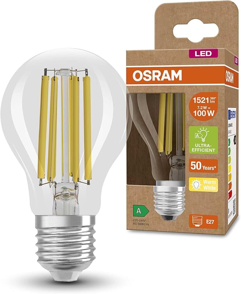 Osram LED Stromsparlampe, Filament Birne mit E27 Sockel, Warmweiß (3000K), 7,2 Watt, ersetzt herkömmliche 100W-Leuchtmittel, besonders hohe Energieeffizienz und stromsparend, 6er-Pack