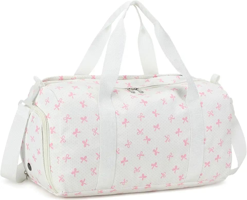 BTOOP Duffle Bag for Girls Kids Gym Sports Women Workout Travel Bag Weekender with Shoe Compartment and Wet Pocket (Pink Bow)