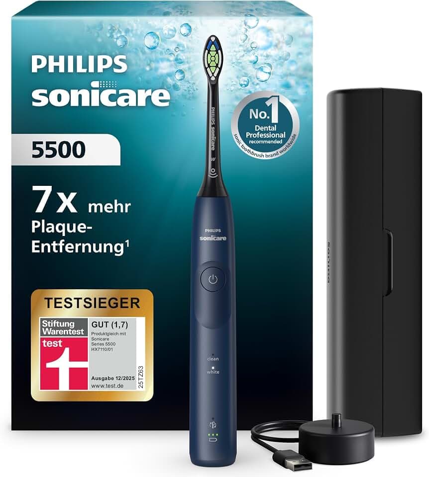 Philips Sonicare 5500 elektrische Zahnbürste, Schallzahnbürste mit 2 Putzmodi, Andruckkontrolle, EasyStart, SmarTimer und BrushPacer, Navy, Modell HX7113/01 [Neue Technologie]