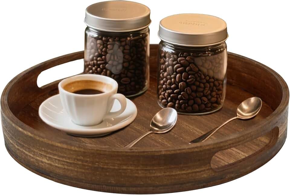 11.8" Round Wooden Decorative Tray with Handles,Wood