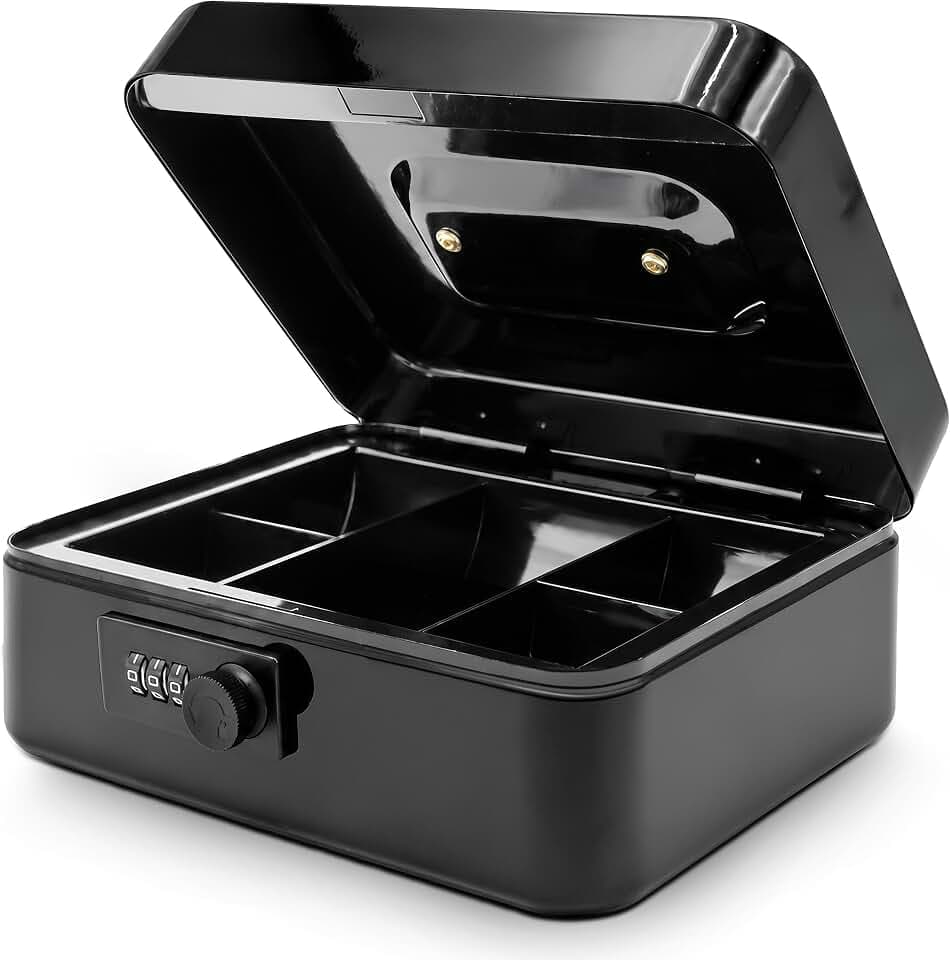 SereneLife 8" Metal Cash Box with Lock | Cash Safe Lock Box with Money Tray | 5 Lockable Drawers | Five Compartment Cash Tray | Storage for Valuables | 8” x 6.2” x 3.5” IN