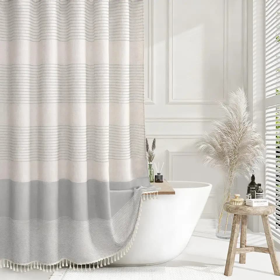 Grey Farmhouse Linen Striped Shower Curtain with Tassel 72"W X 72"L