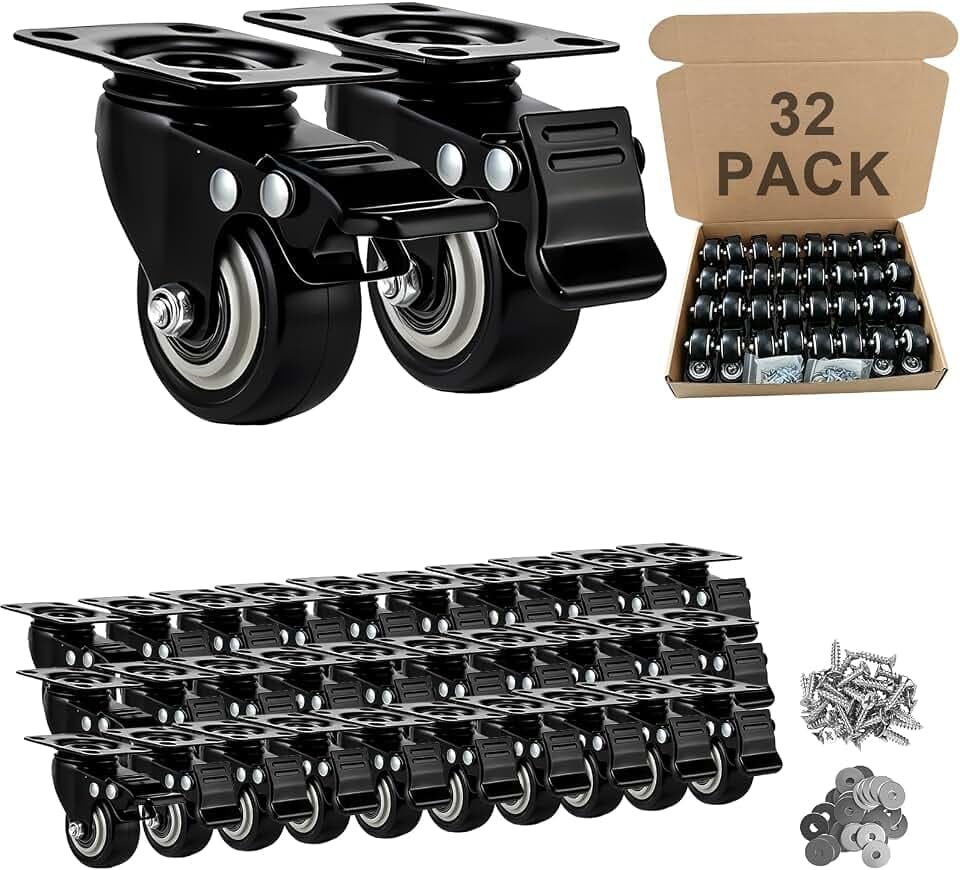 Htudcue 2 Inch Heavy Duty Bulk Caster Wheels 32 Pack, Commercial Grade Locking PU Casters, Durable Polyurethane Wheels for Resale & Inventory Stock, 800lbs Total Load Per Set