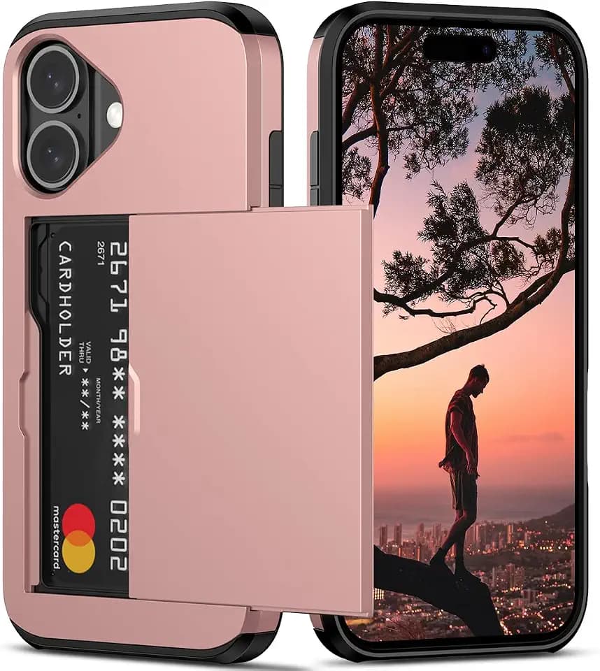 Nvollnoe for iPhone 16 Case with Card Holder Rose Gold