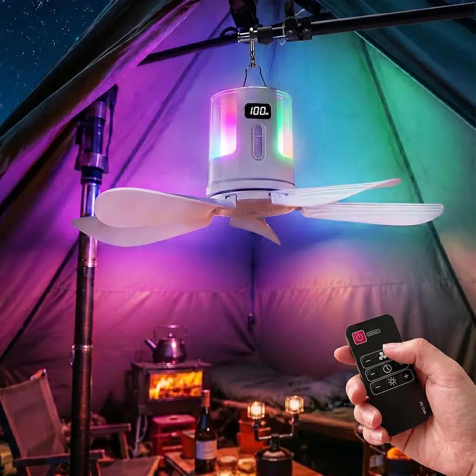 Tent Fan with RGB Lights, 15.75" Portable Ceiling Fan for Camping Hanging with Warm/White Lights Remote, Rechargeable Battery Operated Ceiling Fan, Camping Fans for Tents Beach Travel Canopy Outdoor