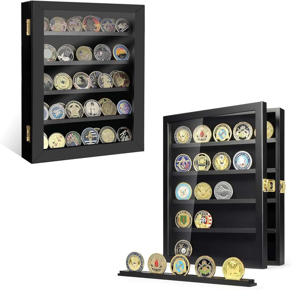 Generisch Münzvitrine, Münzhalter-Display, Militär-Münzhalter-Display, Münzdisplay aus Holz Wandmontage mit abnehmbaren Regalen, Shadow Box für Medaillen Pin Abzeichen Buttons, Poker-Chip
