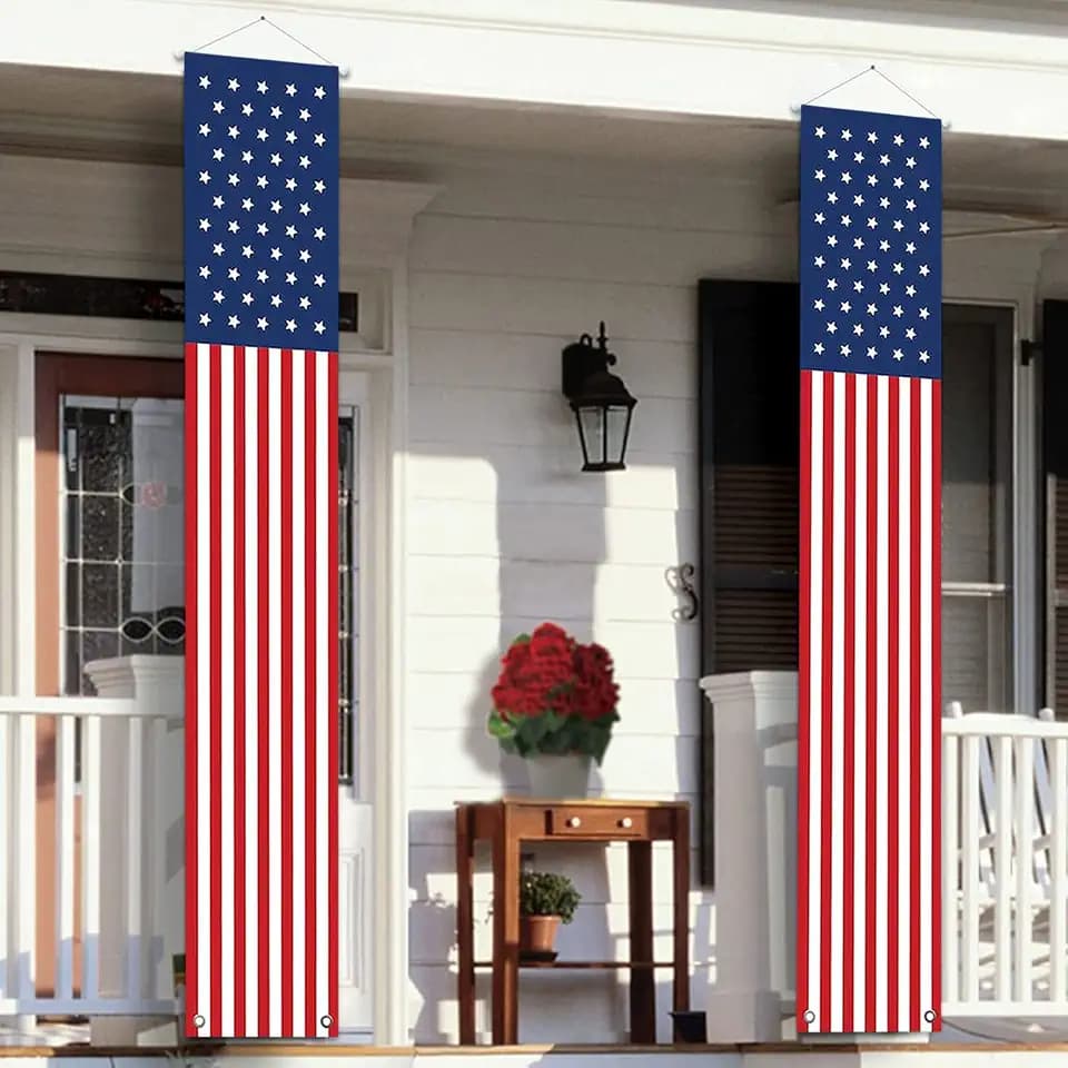 4th of July Decorations Outdoor - Hanging American Flag Banners Porch Sign