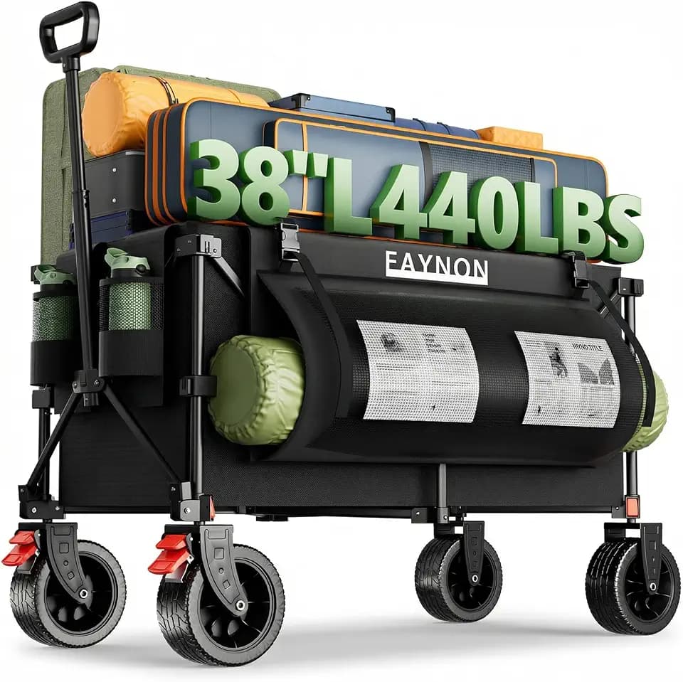 EAYNON 38" L Collapsible Foldable Extended Wagon,440lbs Weight Capacity with 220L Heavy Duty Folding Cart, Utility Wagon with Side Storage Pockets& Drink Holders,Black
