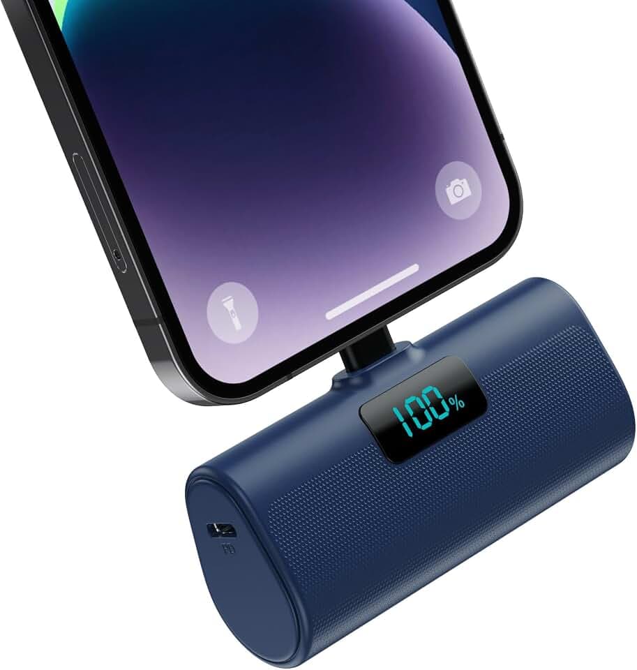 Mini Powerbank 5200mAh für iPhone, Klein Power Bank 20W PD 4.0A Schnellladefunktion Externer Akku, Compact LCD Digitalanzeige Akkupack Kompatibel mit iPhone 14/14/Pro Max/13/12/11/XR/XS/8/7/6plus-Blau