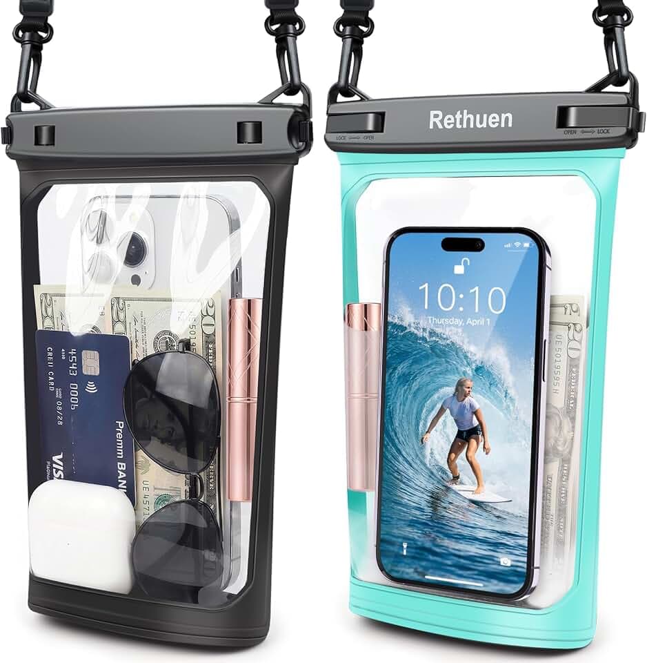 Large Floating Waterproof Phone Pouch, 2Pack Cell Phone Dry Bag for iPhone 17 16 15 14 13 Pro Max Galaxy S24 S23 S22 All Phones, Float Water Proof Bag for Beach Water Park (Black + Lime Green)
