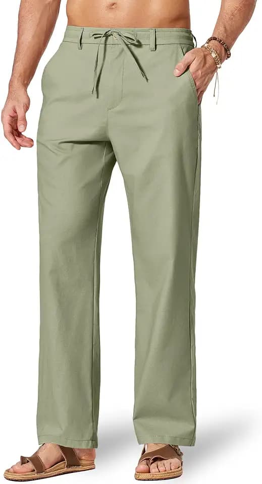COOFANDY Men's Cotton Linen Pants [Relaxed Fit ] Casual Drawstring Dress Pants Beach Summer Lightweight Trousers