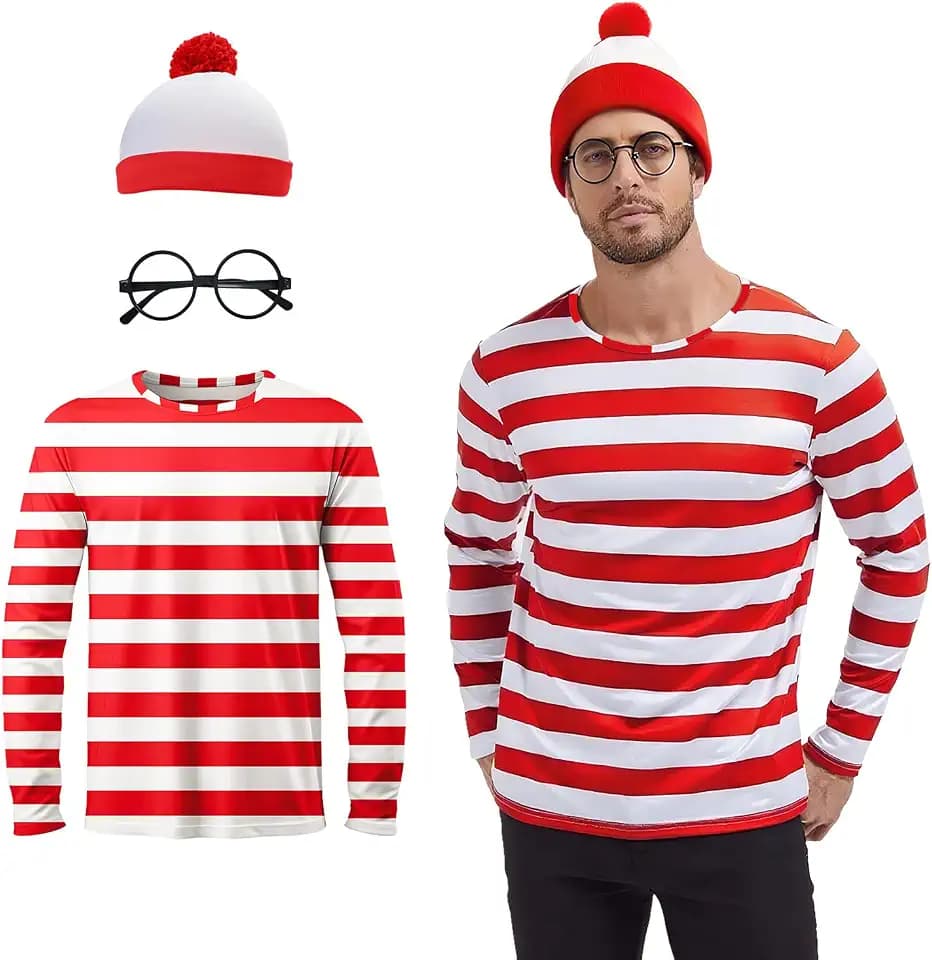 3PCS Red and White Striped Shirt Hat Glasses Suits Adult Men for Halloween