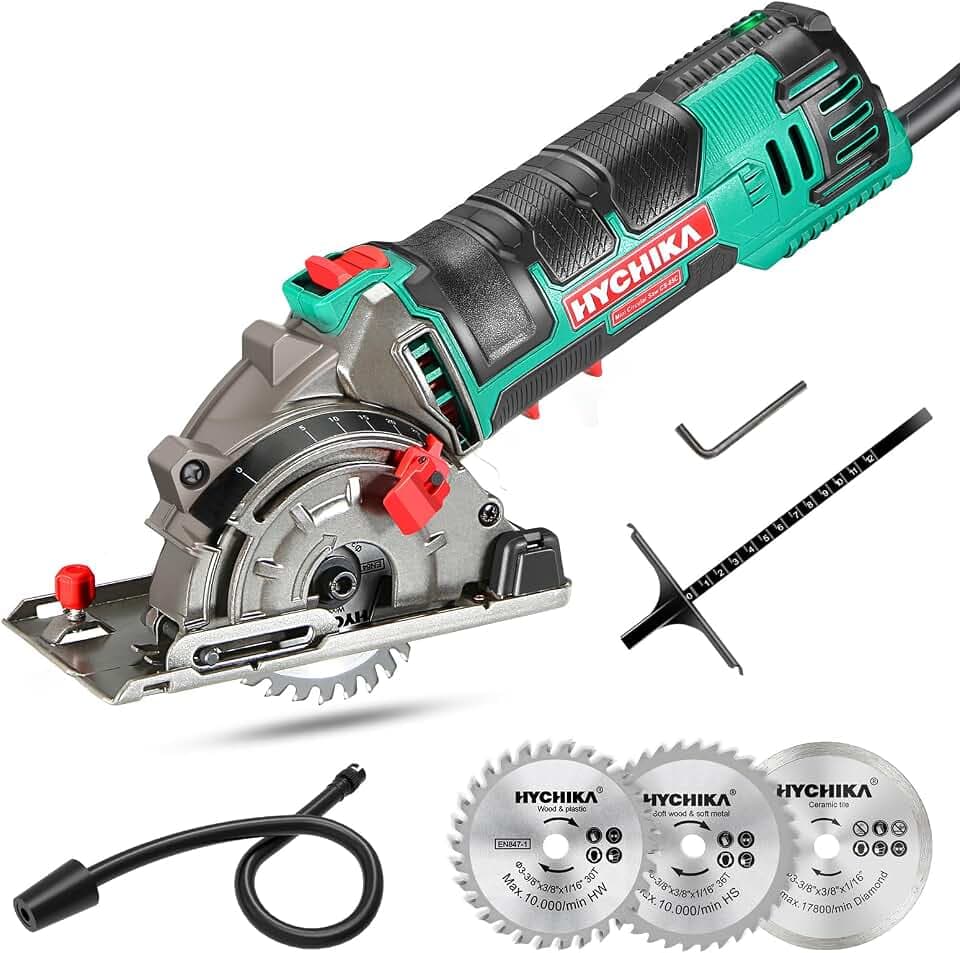 HYCHIKA Mini Kreissäge, Handkreissäge mit 3 Sägeblättern, Skalenlineal, 500W Motor aus reinem Kupfer, 4500RPM, Ideal für Holz-, Weichmetall-, Fliesen- und Kunststoffschnitte