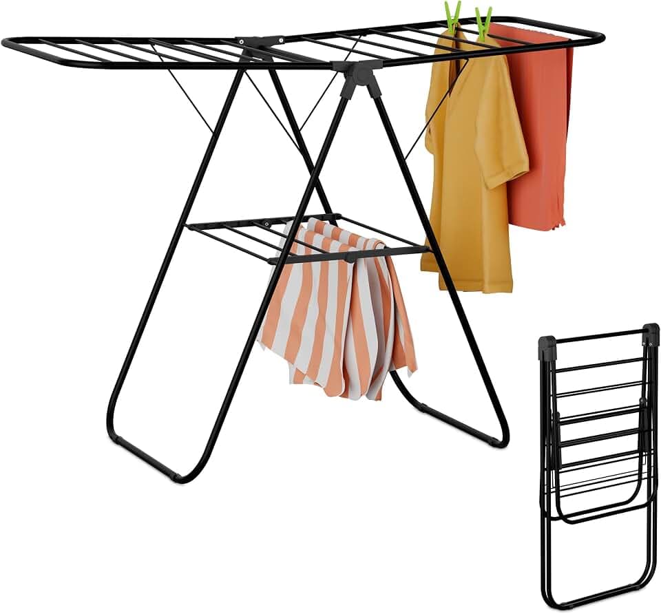 Relaxdays Wäscheständer klappbar, 2 Flügel, 2 Ebenen, Flügelwäscheständer, HBT: 93x136x58 cm, Wäschetrockner, schwarz