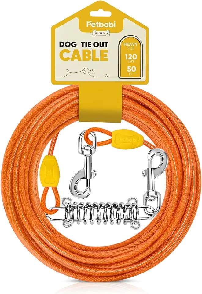Petbobi Dog Tie Out Cable 50ft with Spring, Heavy Duty Dog Leads for Yard