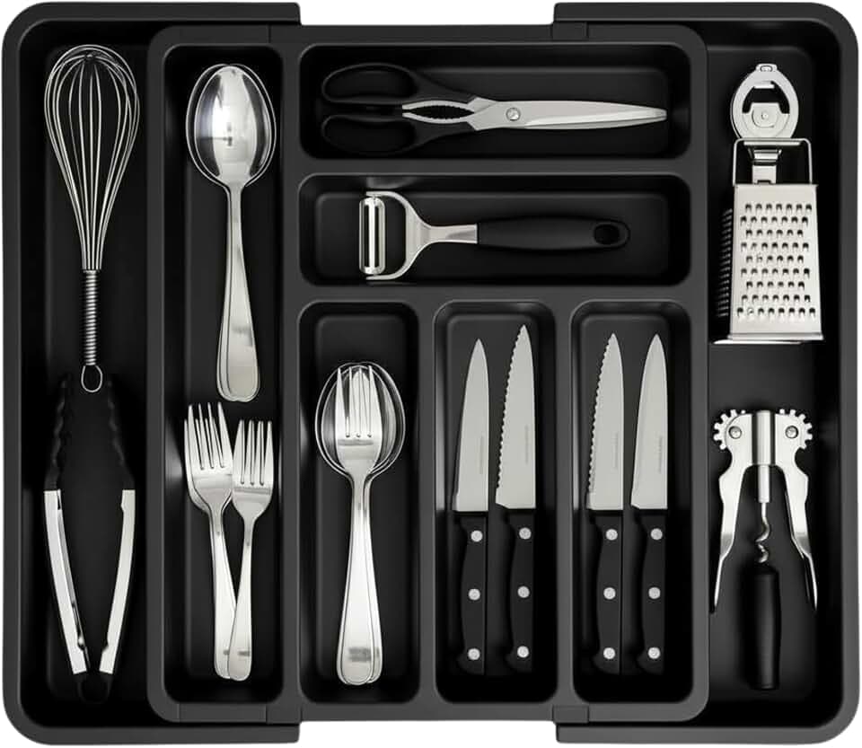 Edihome, Besteckkasten für Schubla, Besteckeinsatz für Schubladen, Küchenschubladen Organizer, erweiterbare Besteckschublade Einsatz, 6 bis 8 Fächern, no BPA, Küchenutensilien, Verstellbar (Schwarz)