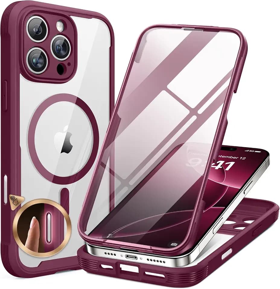 miracase for iPhone 16 Pro Max Case 6.9'', [Bubble Free] Full-Body Bumper Phone case with Built-in Full Glass Screen &Lens Protector,Compatible with MagSafe,Drop Proof 16 Pro Max Cover,Plum