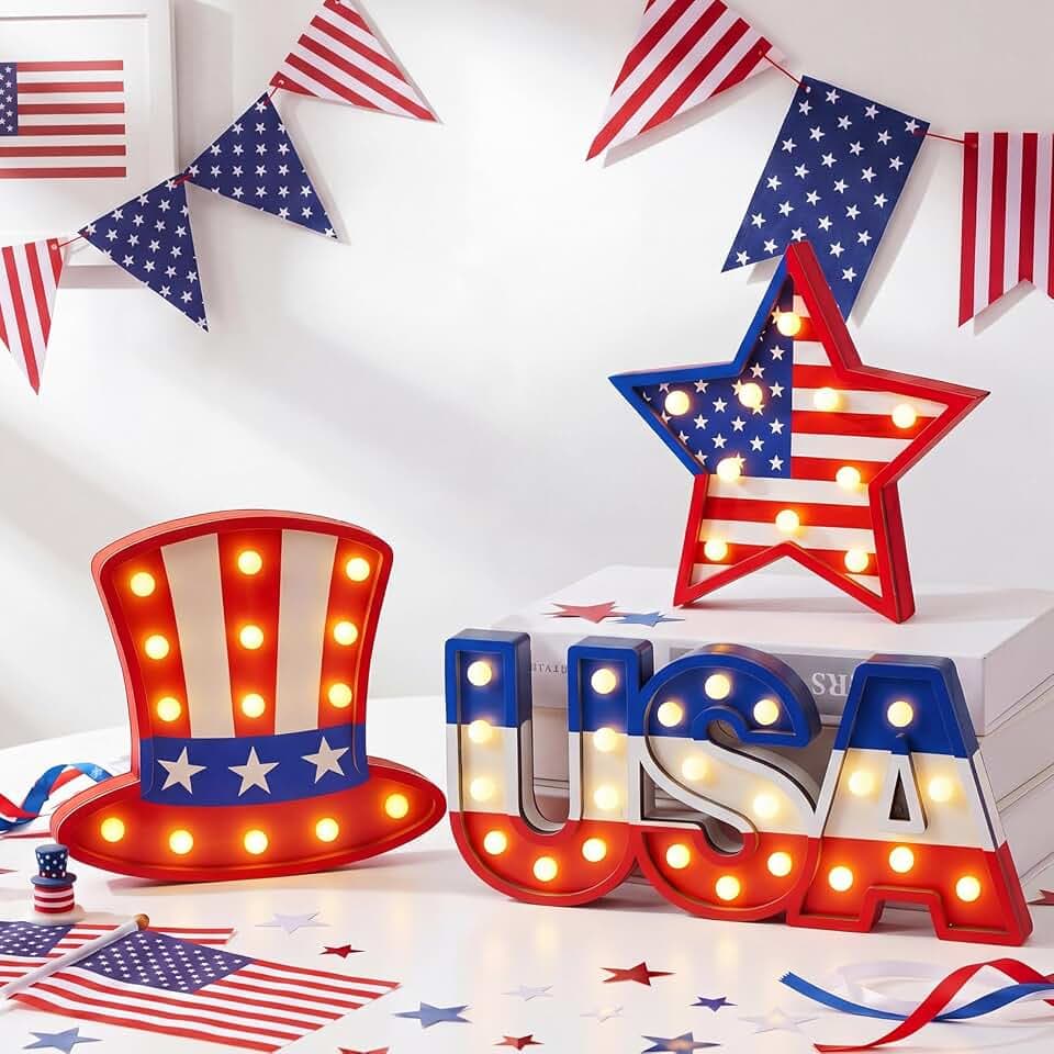 Novabright 3 Pcs 4th of July Decorations Light up Wooden Signs with LED