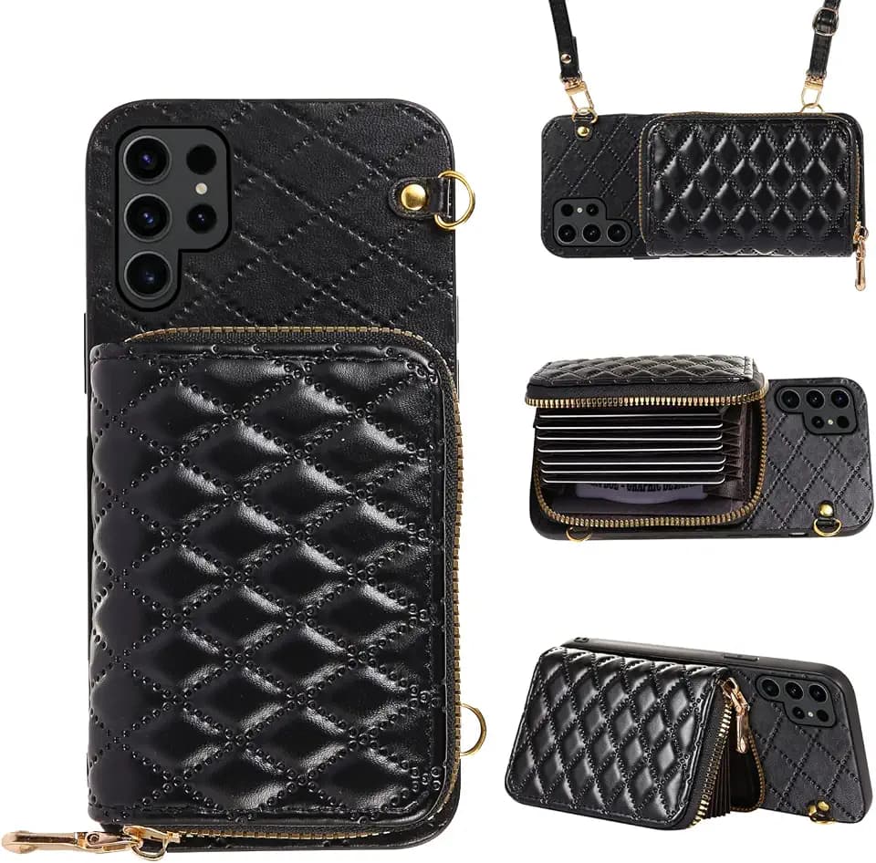 Detachable Crossbody Strap Wallet Case for Samsung Galaxy S22 Ultra 5G with Zipper Purse, Multi Card Slots and PU Leather Stand Cell Phone Cover for S22ultra 22S S 22 S22ultra5g 6.8 Women Black