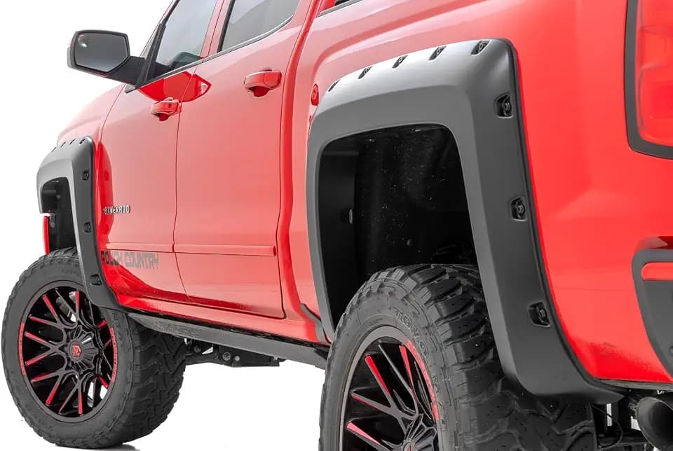 Rough Country Pocket Fender Flares for Chevy Silverado 1500 (2014-2018) 2500HD (2015-2019) 5'9" Bed - Riveted Style, UV-Resistant ABS, Paintable Matte Black