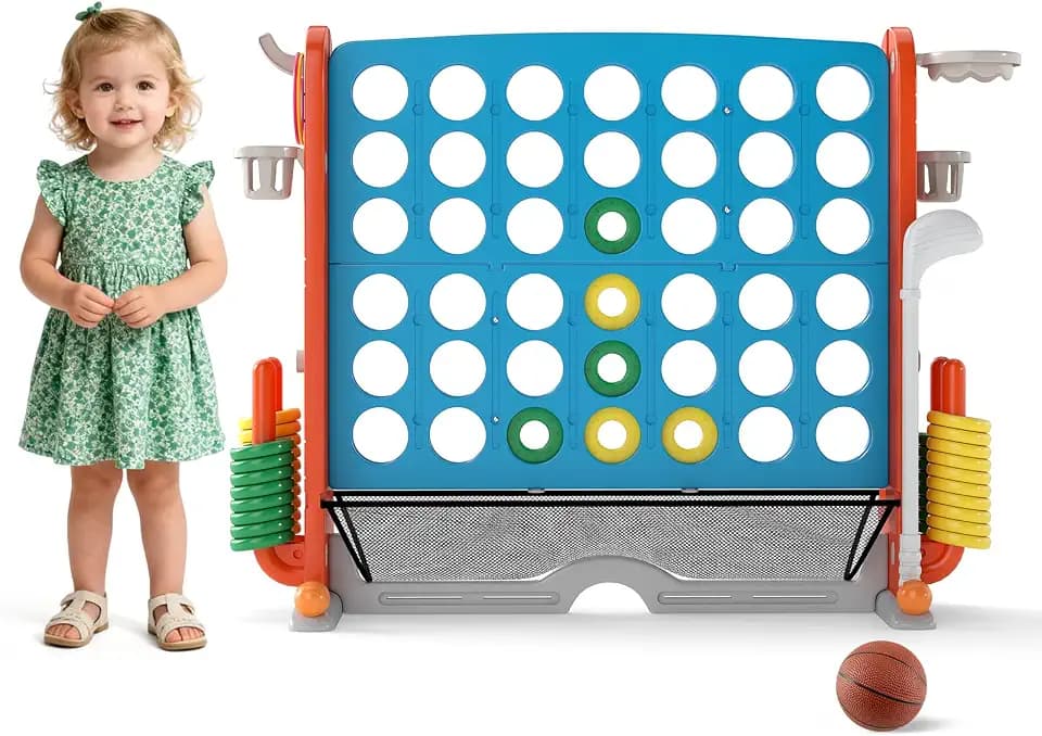 FANTASK 4-in-1 Riesenspiel Set, Vier Gewinnt XXL mit Ringwurf, Basketballkorb & Golfspiel, Garten Spiel mit Getränkehalter, Netzfach & Tragetasche, für Kinder und Erwachsene (Orange)