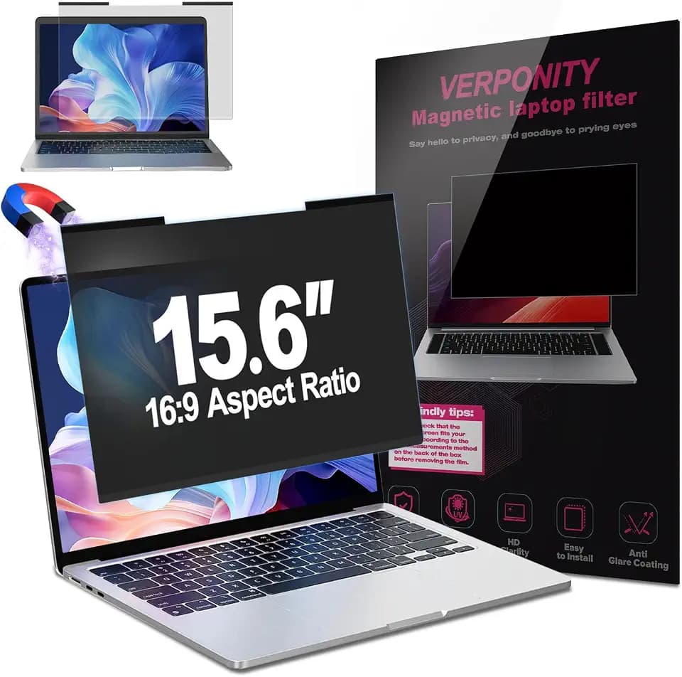 Magnetic Laptop Privacy Screen 15.6 Inch 16:9 Display, Removable Computer Screen Privacy Shield, Anti-Glare Blue Light Protector Compatible with Dell Hp Lenovo Acer Asus Samsung