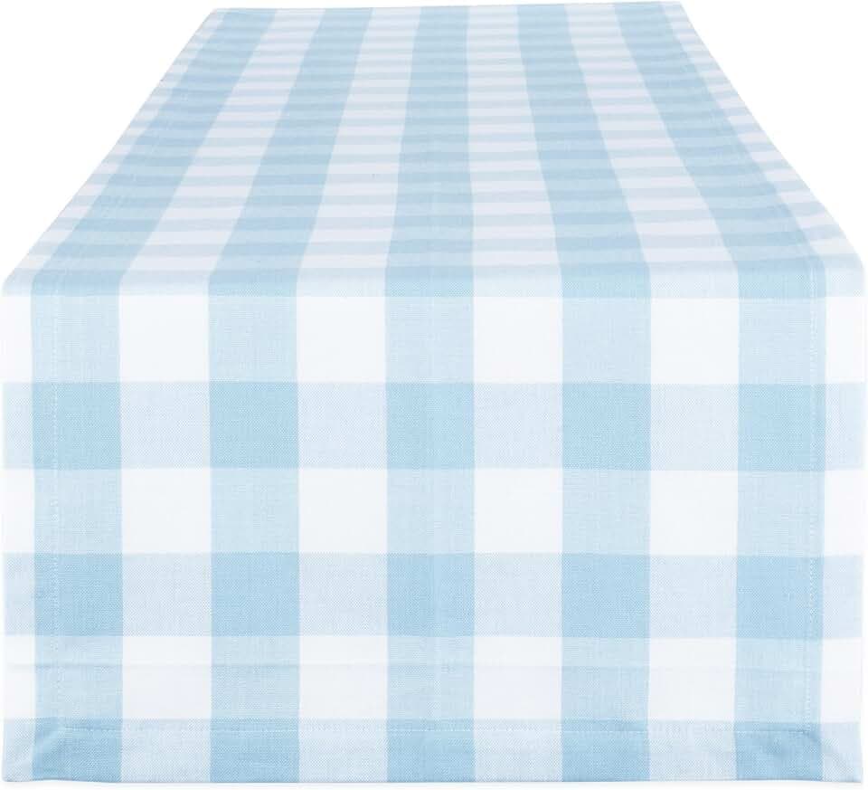 DII Buffalo Check Collection, Classic Farmhouse Table Runner, 14x108", Light Blue & White