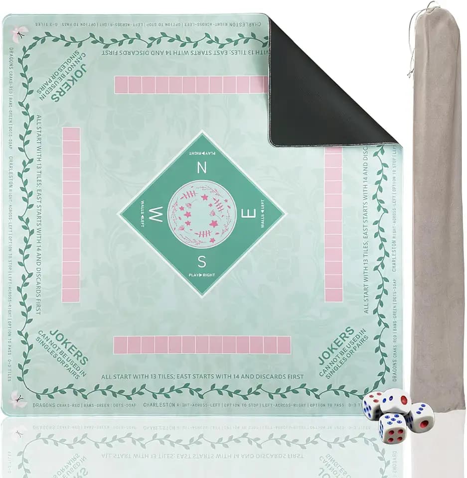American Mahjong Mat, 31.5 x 31.5 Inch, 2mm Thick Non-Slip Rubber Table Mat with Printed Rules, Quiet Waterproof Surface and Carry Bag