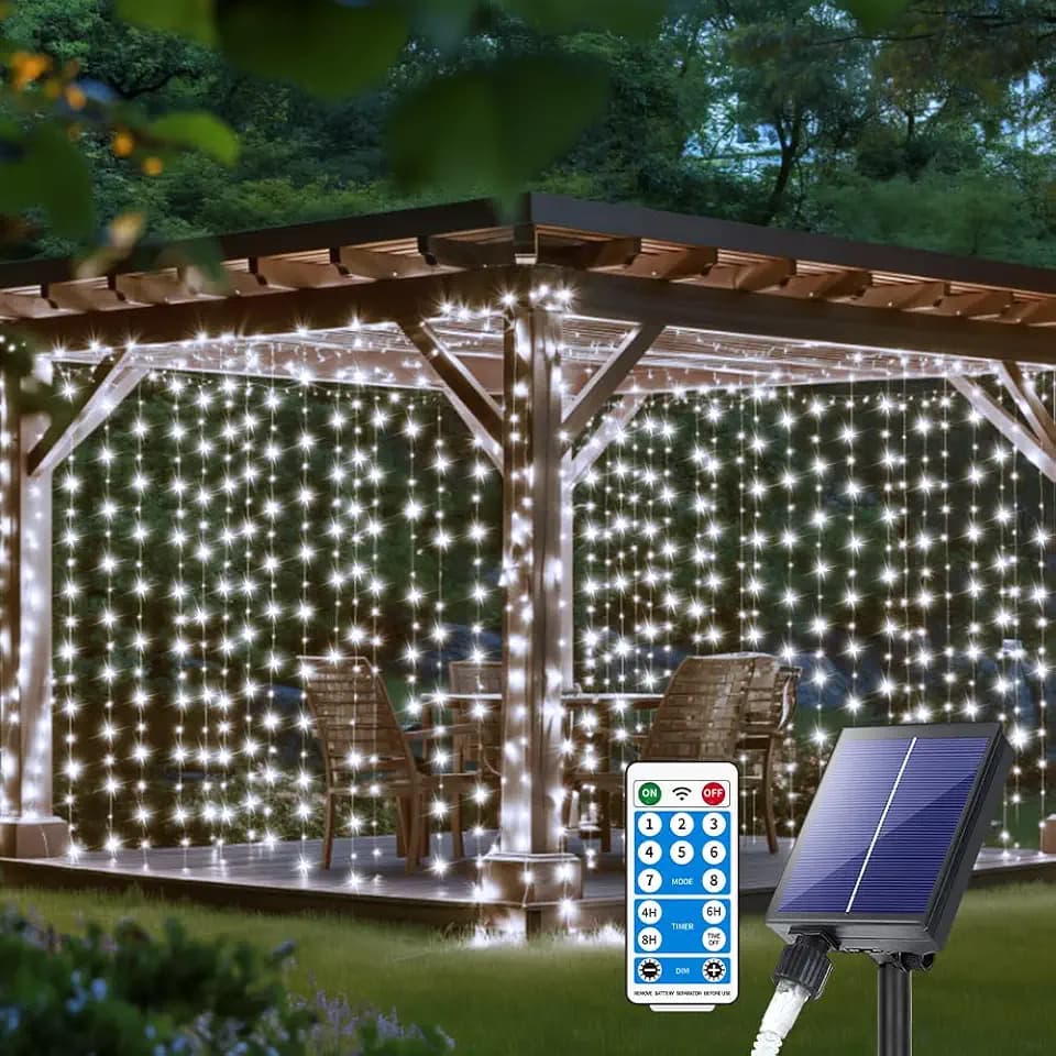 Solar Curtain Lights 10*10Ft 300LED Waterproof Waterfall Light with 8 Modes Remote Type C Charging Dimmable Timer Twinkle Fairy String Lights for Outdoor Christmas Gazebo Wedding Party Pergola Patio