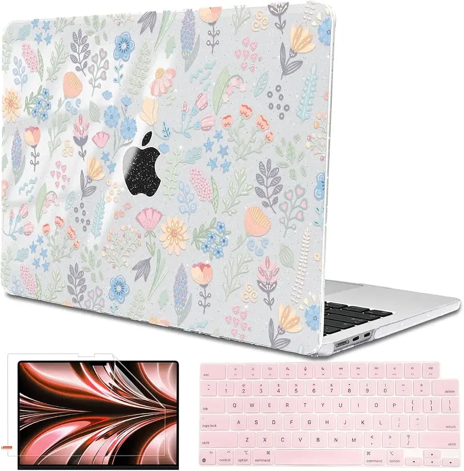 Compatible with 2026 MacBook Air 13 inch Case M5 A3449 Cover, Shiny Pattern Plastic Hard Shell Case Keyboard Skin for Mac Air 13.6 M4 A3240 M3 A3113 M2 A2681 2025-2022, Starry Sky Flowers