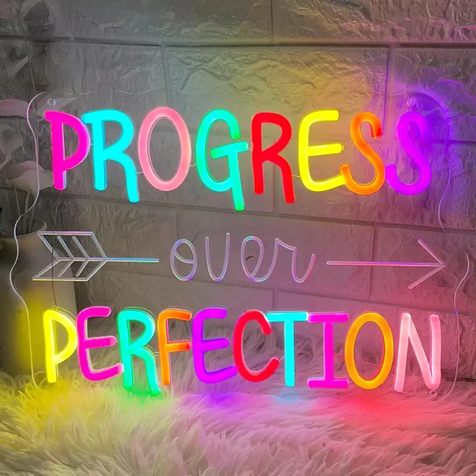 Progress Over Perfection Neon Sign, LED Neon Light Signs for Wall Decor Dimmable Inspirational LED Light Up Sign for Classroom Office Bedroom Library Study Room Kids Room Decorations