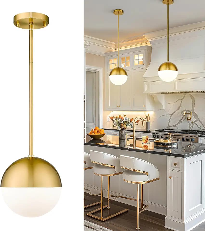 LMS Modern Pendant Lighting Gold Globe Pendant Light Fixture, Mid Century Chandelier One Light Hanging Fixture for Kitchen Island, Adjustable Indoor Lighting for Dinning Room Bedroom, LMS-187