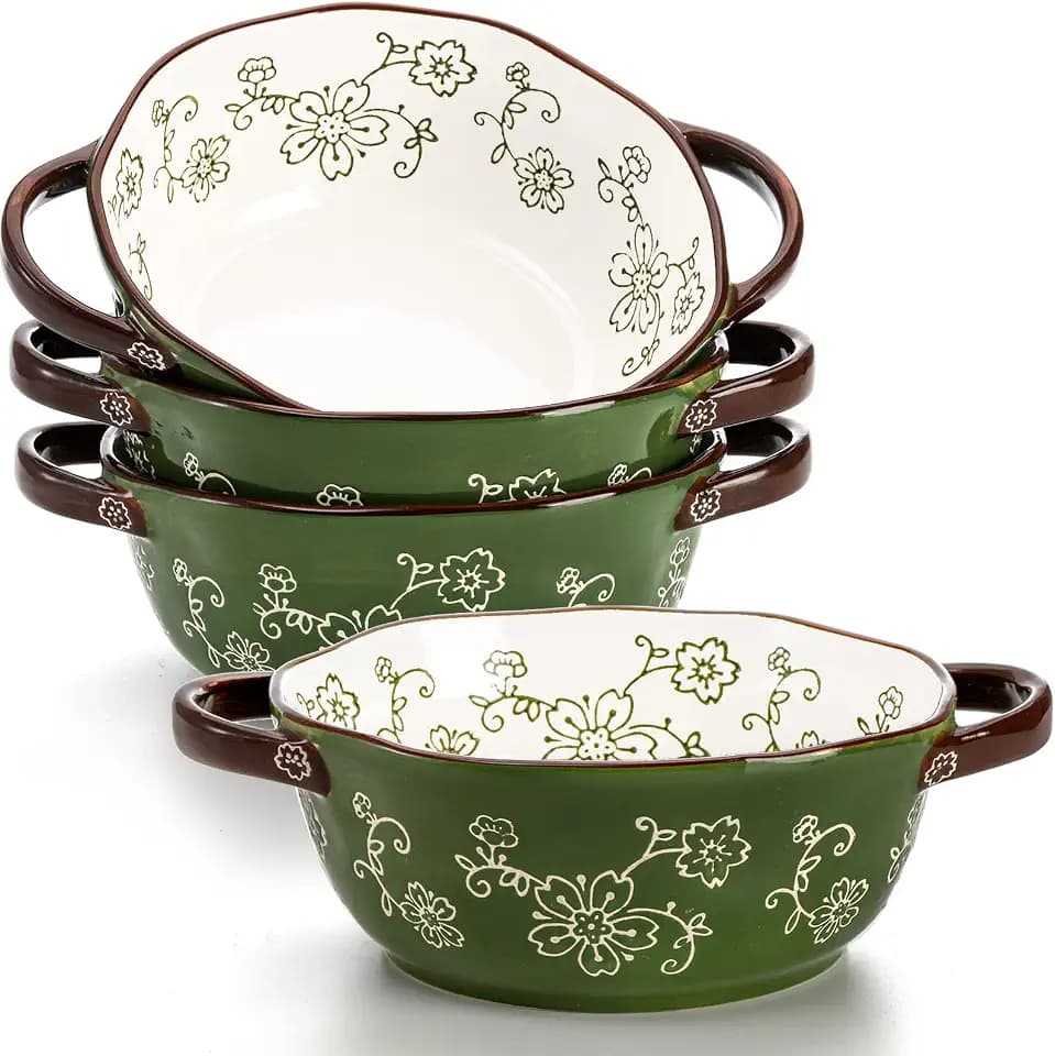 AVLA Keramik-Suppenschüsseln, 625 ml, Porzellan-Servierschüssel-Set mit Doppelgriff, große Keramiktöpfe für französische Zwiebelsuppe, Eintopf, Nudeln, Müsli, Topfkuchen (grün)