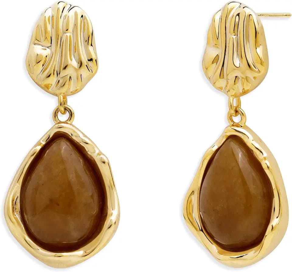 Jean Beau Dainty Vintage Gold Gemstones Dangle Drop Earrings for Women, Small Trendy Natural Stone Healing Teardrop Irregular Dangling Earings Prom Wedding Accessories Fashion Jewelry Gift