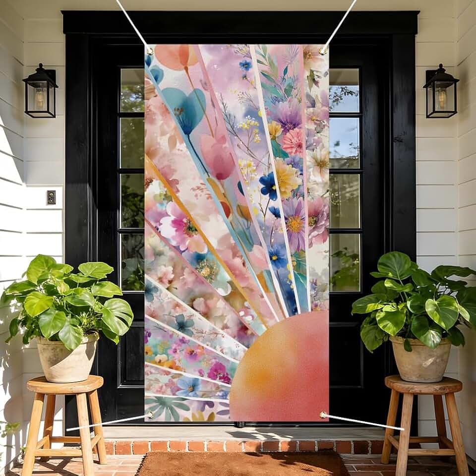 arricraft 1Pc Polyester Door Decorative Cover, Boho Floral Patterns Backdrop Banner Front Door Porch Sign Photography Background for Home Party Porch Decor 72.8x35.4 Inches
