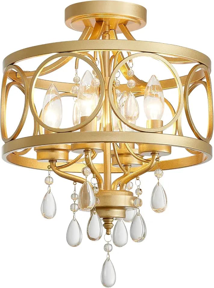 Crystal Ceiling Light Fixture, Modern Semi Flush Mount Ceiling Light, 4-Light Gold Round Crystal Chandelier Hallway Lighting Fixtures for Bedroom Bathroom Foyer Entryway Dining Room Kitchen
