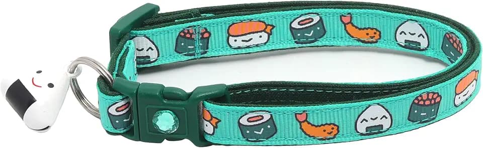 Sushi Cat Collar with Onigiri Bell | Adjustable Large Size or Kitten Collar | Safety Breakaway Collarr (Large(10lbs & Up), Aqua)