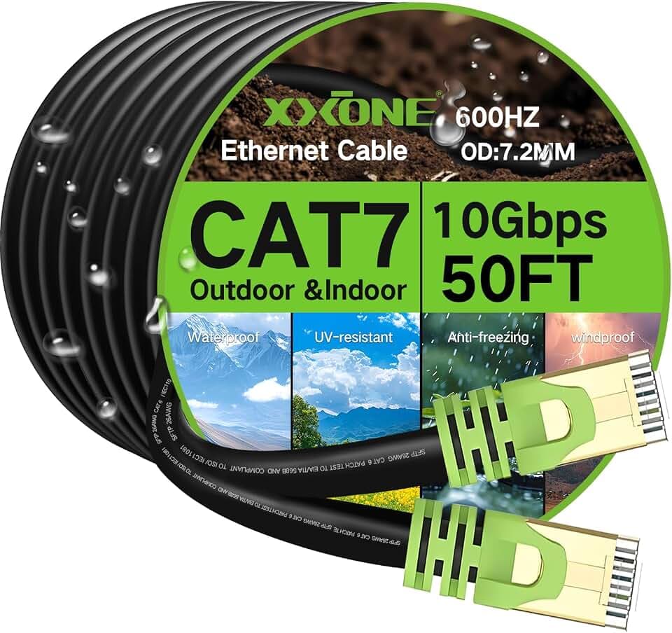 XXONE 65ft Cat 7 Ethernet Cable, 26AWG Heavy-Duty, Supports 10Gbps, Compatible with Xbox One, PS4, Modem, Router, Printer, Waterproof, Direct Burial