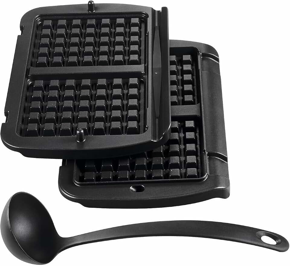 Tefal OptiGrill Waffelplatten, passend für OptiGrill+ und Elite Modell, einfach zubereitetete Belgische Waffeln, inklusive Schöpfkelle, spülmaschinengeeignet, schwarz, XA7248