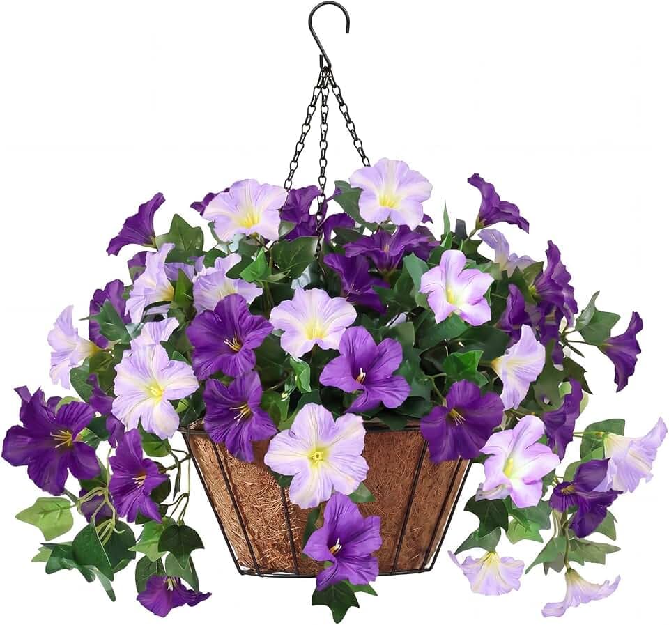 3PCS Hanging Artificial Flowers with Basket, Morning Glory Patio Decorations Outdoor Fake Hanging Decoration, Look Real UV Resistant Artificial Flowers for Outdoor Porch Patio Balcony(Purple)